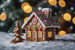 Creating Gingerbread House Festive Holiday Scene with Cookie Tree Decoration photo