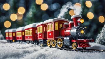 Toy Train on Snowy Tracks with Christmas Lights and Festive Decoration photo