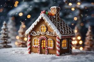 Festive Gingerbread House in Snowy Winter Scene with Glowing Lights photo