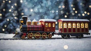 Festive Christmas Train on Snowy Track with Glowing Lights Decoration photo