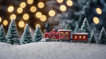 Red Christmas Train Toy with Snow and Sparkling Lights Background photo