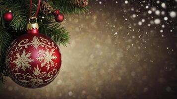 Red Christmas Ornament Hanging on Tree with Holiday Glitter Background photo