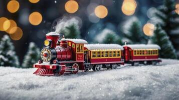 Festive Christmas Train Toy with Snow and Bokeh Background Scene photo