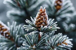 Close-up of Frosted Pinecone on Evergreen Branch in Winter photo