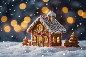 Gingerbread House with Christmas Trees in Snowy Winter Scene Holiday photo