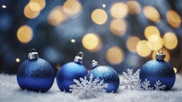 Festive Blue Christmas Ornaments with Snowflakes and Bokeh Lights photo