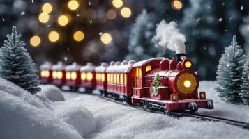 Toy Train Riding Through Snowy Winter Wonderland with Christmas Lights photo