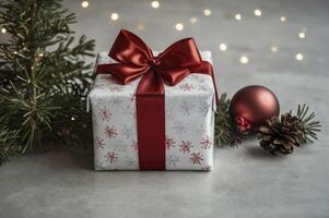 Wrapped Gift Box with Red Ribbon and Christmas Decorations Scene photo