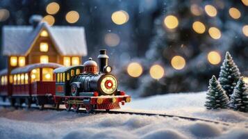 Toy Train in Winter Scene with Christmas Lights and Snow photo