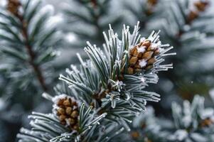 Frozen Pinecone and Pine Needles on a Branch During Winter Season photo