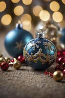 Christmas Ornaments Blue and Gold with Bokeh Lights on Rustic Wood photo