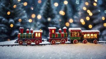 Toy Train on Snowy Track with Glowing Christmas Lights Background photo