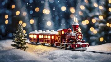 Toy Train Scene with Christmas Tree and Festive Winter Lights photo