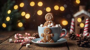 Festive Gingerbread Man in Mug with Marshmallows and Candy Canes photo