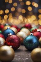 Colorful Christmas Ornaments Display with Festive Holiday Bokeh Lighting Effect photo