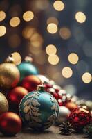 Festive Christmas Ornaments and Holiday Lights Sparkling on Wooden Surface photo