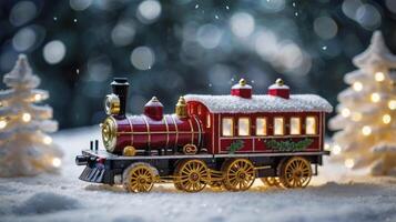 Toy Christmas Train in Snowy Winter Scene with Christmas Trees photo
