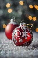 Festive Red Christmas Ornaments with Snowflakes and Bokeh Lighting photo