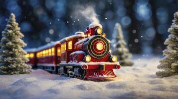 Red Toy Train in Winter Wonderland Landscape for Christmas Card photo