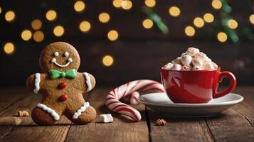 Gingerbread Man with Hot Chocolate and Candy Cane Festive Holiday Still photo