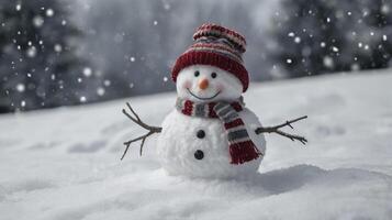 Cute Smiling Snowman in Snowy Landscape with Hat and Scarf photo