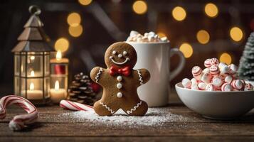 Gingerbread Man Cookie with Hot Cocoa and Candy on Wood Table photo