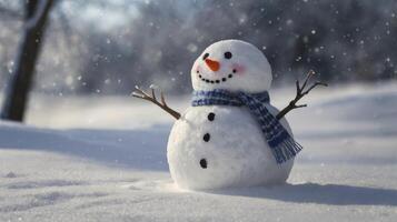 Snowman Standing in Snowy Field with Blue Scarf on Winter Day photo