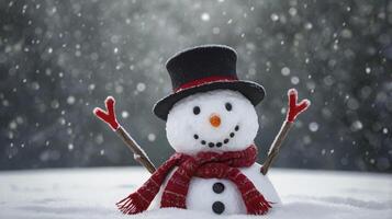 Cheerful Snowman with Top Hat Enjoying Winter Snowfall Outdoors photo