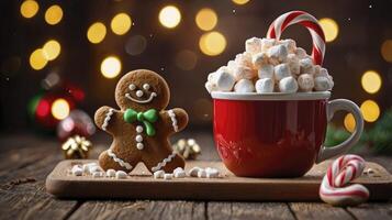 Festive Gingerbread Man with Hot Chocolate and Candy Cane for Christmas photo