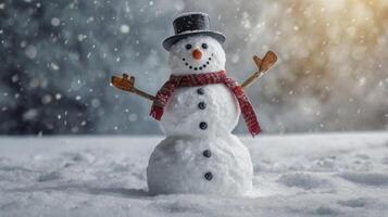 Festive Snowman Standing in Snowy Field During Winter Snowfall photo