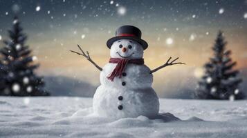 Smiling Snowman with Scarf and Hat Standing in Snowy Winter Landscape photo