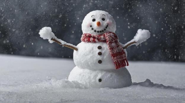 Cheerful Snowman Standing in Winter Snowfall with Red Scarf photo