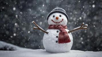 Smiling Snowman in Winter Hat and Scarf Enjoying Snowy Weather photo