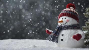 Festive Snowman Standing in a Winter Scene with Falling Snow photo