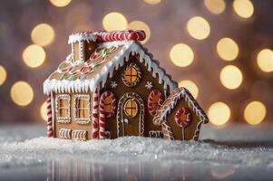 Decorated Gingerbread House with Candy Canes and Lights Festive Holiday Scene photo