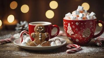 Enjoying Hot Cocoa with Gingerbread Man and Marshmallows During Christmas Season photo