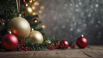 Decorating Christmas Tree with Gold and Red Ornaments on Rustic Wood photo