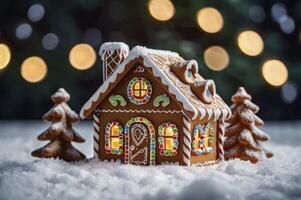 Festive Gingerbread House in Snowy Scene with Christmas Tree Decoration photo
