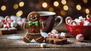 Festive Gingerbread Man Cookie with Hot Chocolate and Candy Canes photo