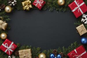Christmas Gift Box Border with Pine Branches and Ornament Decoration photo