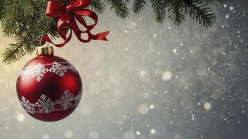 Red Christmas Ball Ornament with Bow and Pine on Snowy Background photo