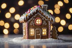 Festive Gingerbread House with Candy Decoration and Warm Bokeh Lights photo
