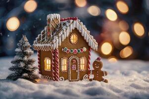 Festive Gingerbread House with Gingerbread Man and Christmas Tree Decoration photo