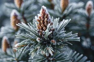 Icy Pine Cone Detail on Frosted Evergreen Branch in Winter Season photo