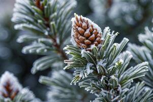 Frozen Pinecone on Evergreen Tree Branch in Winter Close-up photo