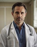 Confident Doctor Portrait in White Coat with Stethoscope Looking at Camera photo