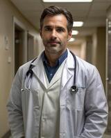 Confident Doctor Standing in Hospital Hallway Wearing Stethoscope and Lab Coat photo