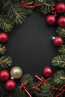 Festive Christmas Background with Red Ornaments and Copy Space Design photo