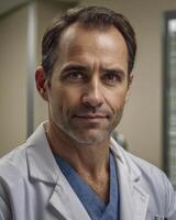Confident Doctor Portrait Serious Expression Professional Healthcare Setting Close-up Shot photo