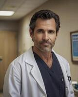 Confident Doctor in White Coat Portrait in Hospital Hallway Setting photo